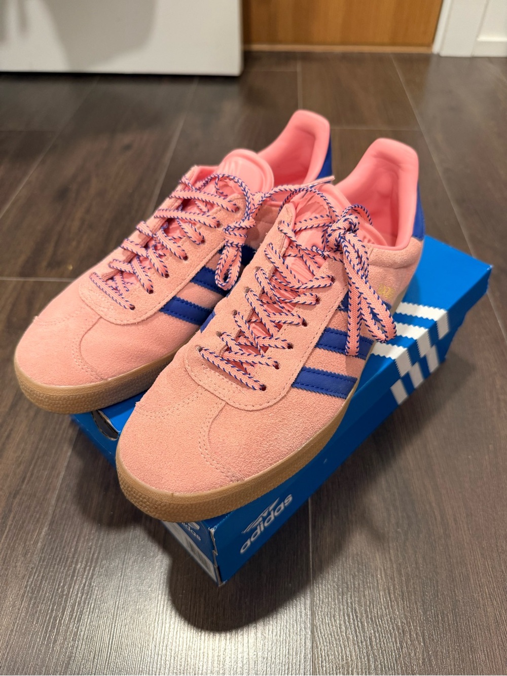 adidas Pink Suede Gazelle sneakers with Blue Stripes